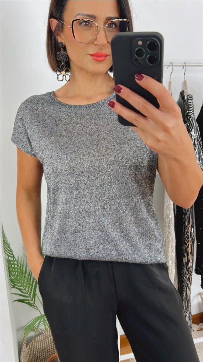 Camiseta hilo lurex gris, suave manga corta