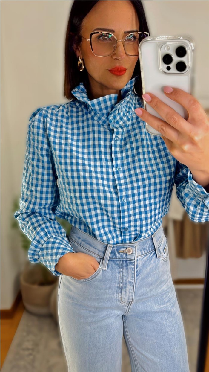 Blusa cuello mao cuadros vichy coral y azul