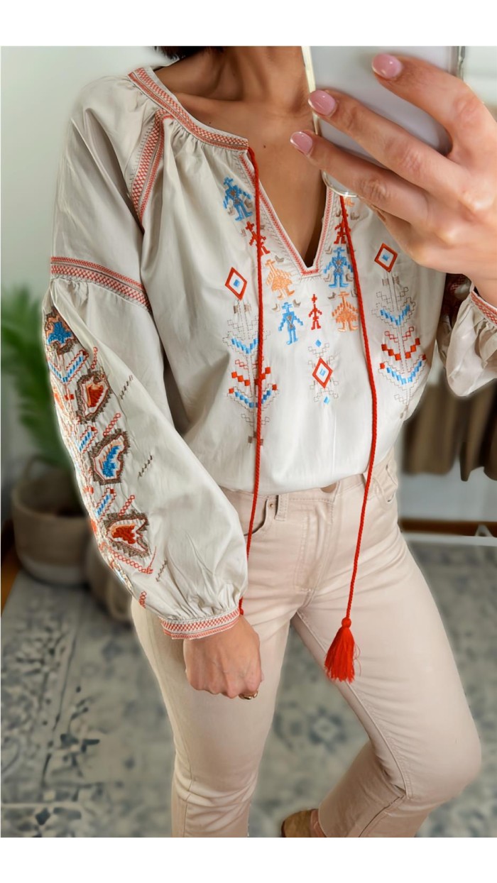 Blusa boho chic bordado, blanco , rojo y beige