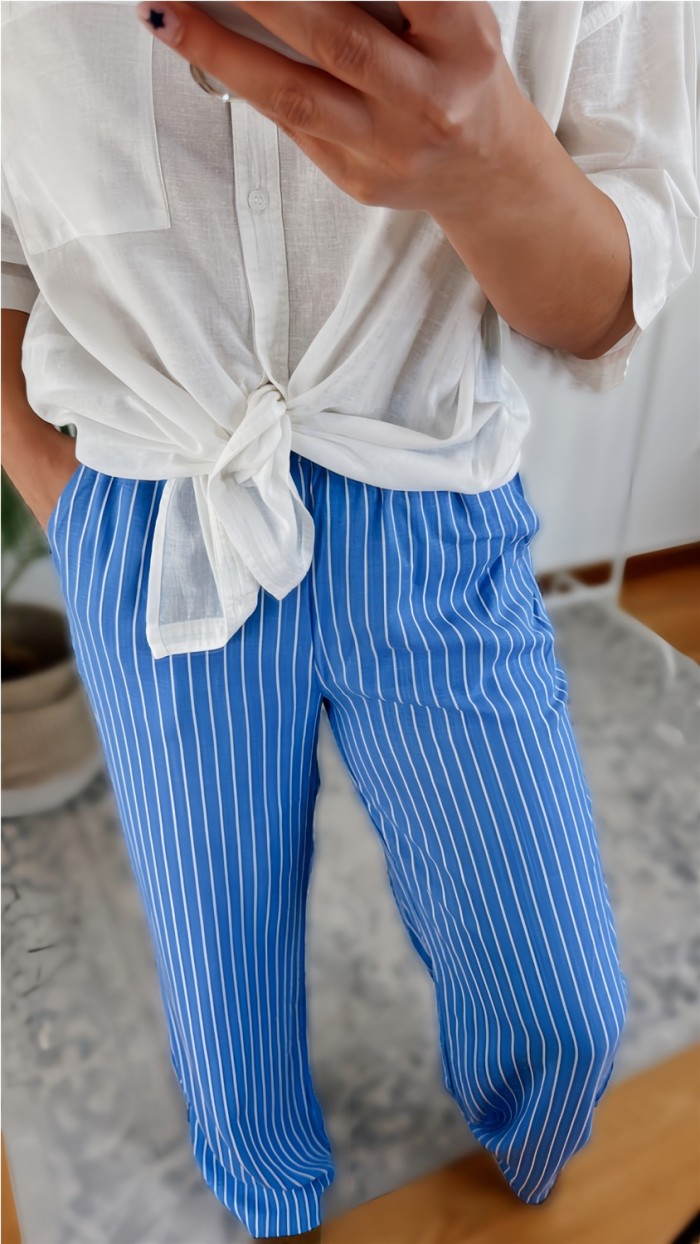 Pantalones fluído de rayas azul y beige