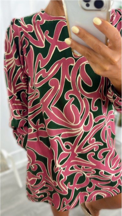 VESTIDO ESTAMPADO VERDES Y ROSAS CON BOLSILLOS LATERALES