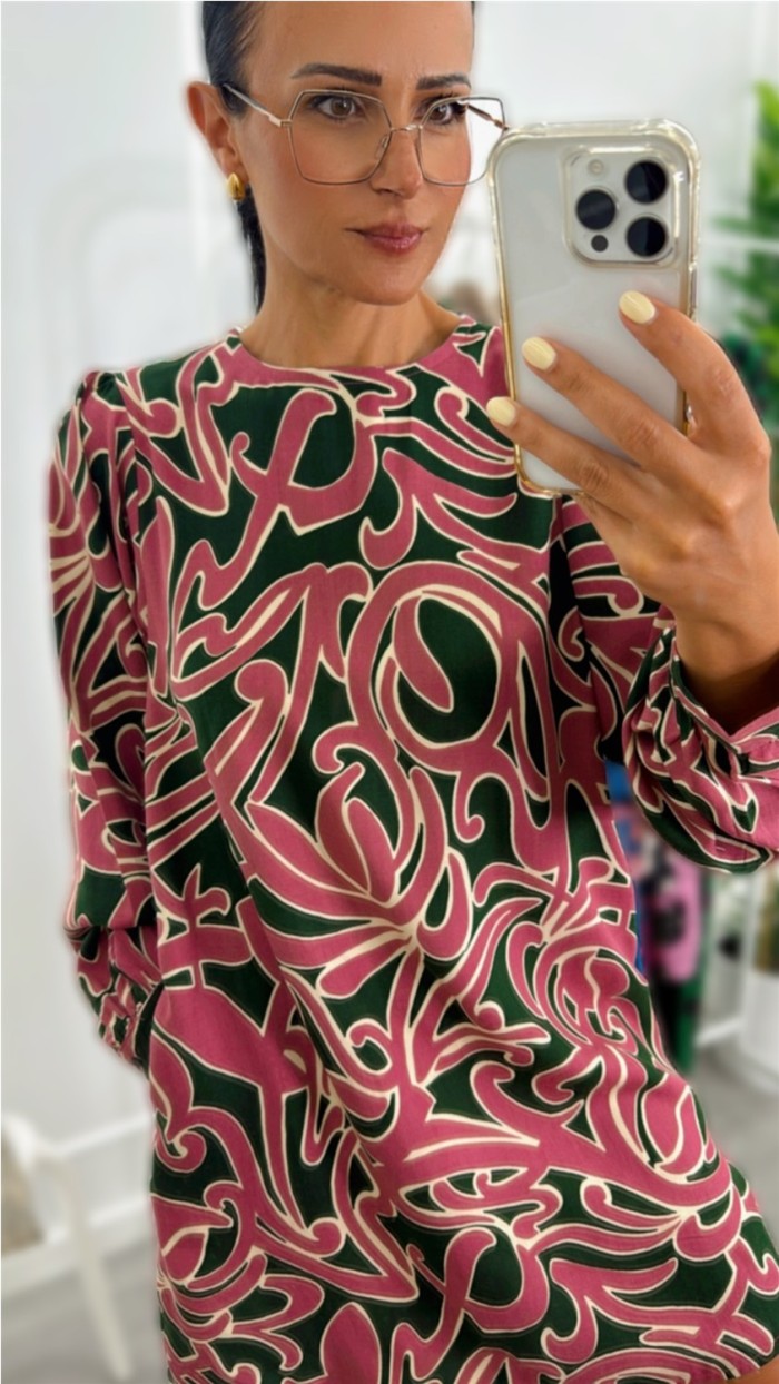 VESTIDO ESTAMPADO VERDES Y ROSAS CON BOLSILLOS LATERALES