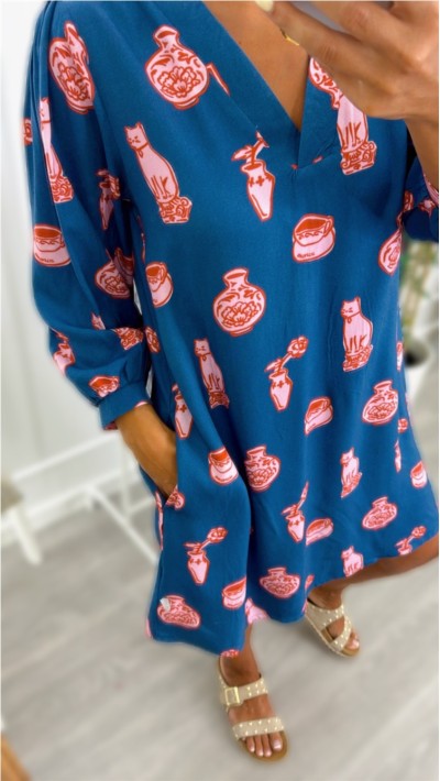 VESTIDO ESTAMPADO GATOS BOLSILLO LATERAL CUELLO `PICO