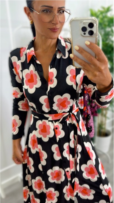 VESTIDO LARGO DE ALGODON ESTAMPADO FLORES FONDO NEGRO