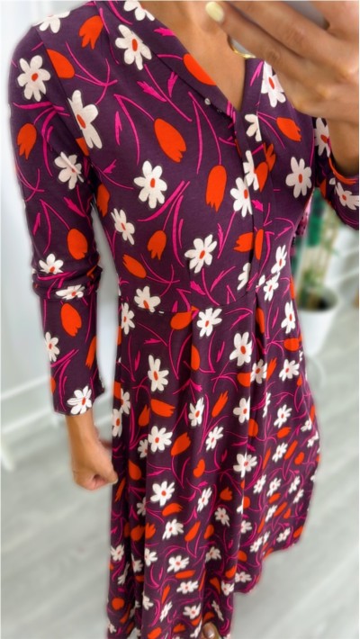 VESTIDO LARGO ALGODÓN FONDO VIOLETA FLORES ROJAS