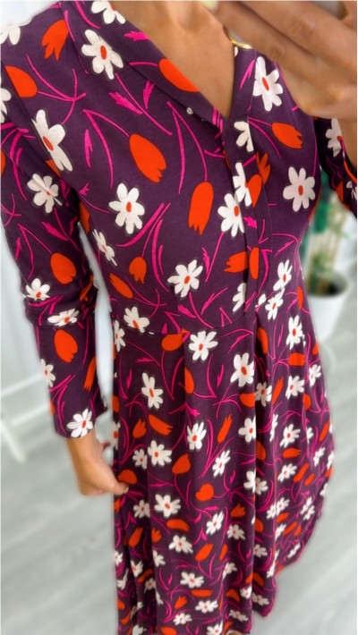 VESTIDO LARGO ALGODÓN FONDO VIOLETA FLORES ROJAS 2