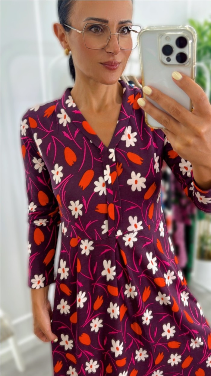 VESTIDO LARGO ALGODÓN FONDO VIOLETA FLORES ROJAS