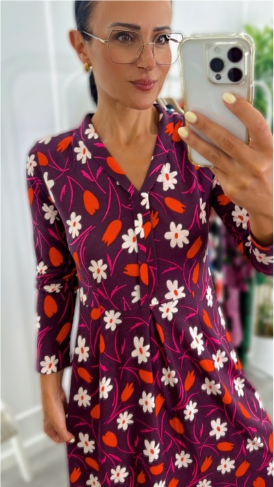 VESTIDO LARGO ALGODÓN FONDO VIOLETA FLORES ROJAS