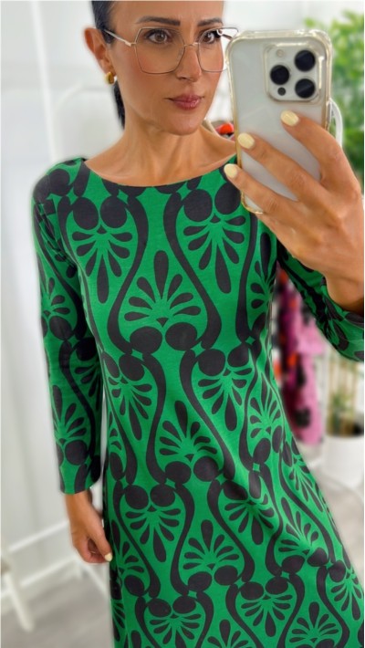 VESTIDO ALGODÓN FONDO VERDE ESTAMPADO NEGRO 2
