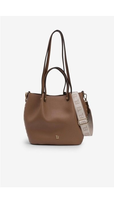 BOLSO BANDOLERA CON TIRA LARGA CAMEL Y BURDEOS