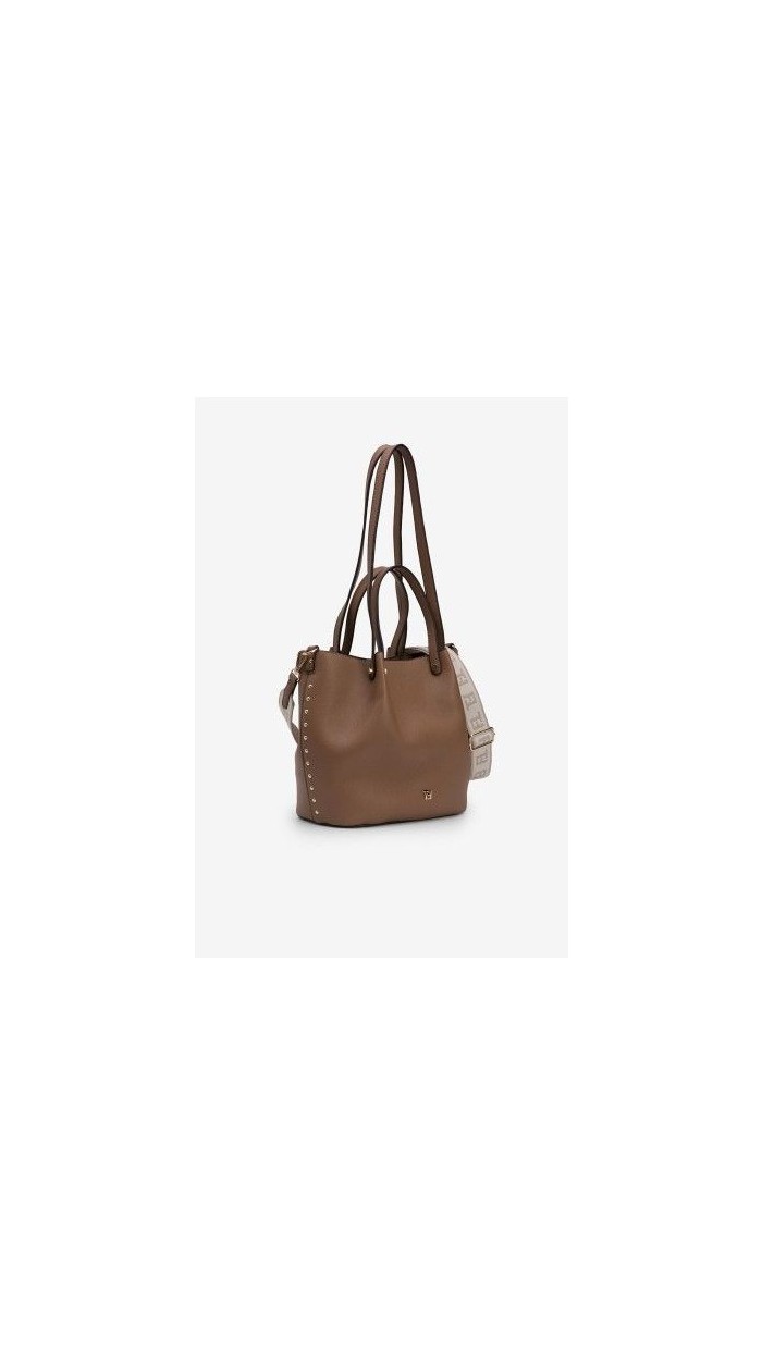 BOLSO BANDOLERA CON TIRA LARGA CAMEL Y BURDEOS
