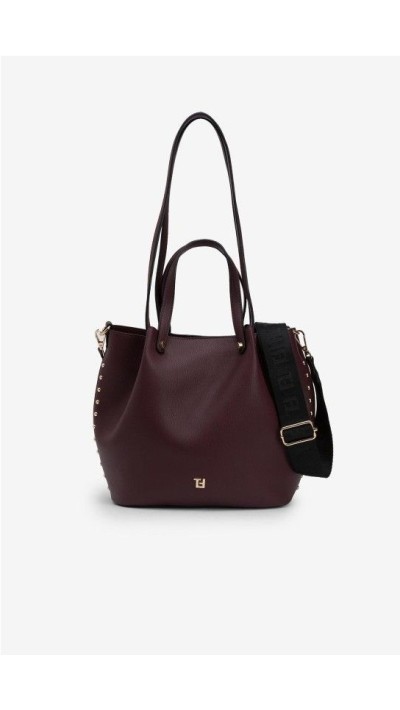 BOLSO BANDOLERA CON TIRA LARGA CAMEL Y BURDEOS