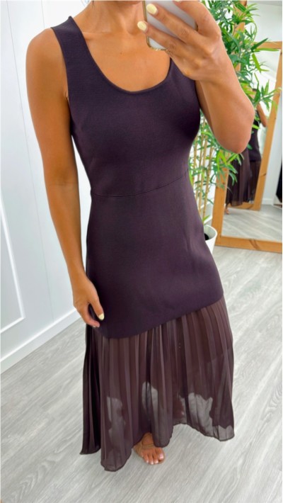 VESTIDO PUNTO EFECTO FALDA GASA MARRÓN Y NEGRO