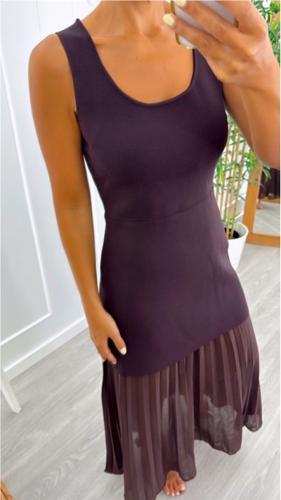 VESTIDO PUNTO EFECTO FALDA GASA MARRÓN Y NEGRO