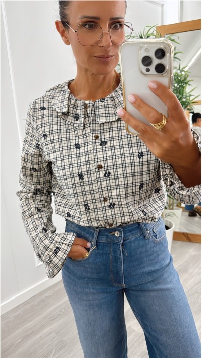 blusa cuello bebé azul marino y marron cuadros 2