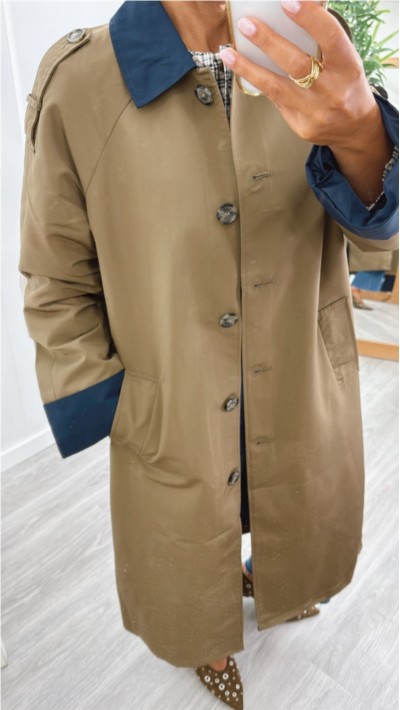 garbardina cuello y puños contraste, verde y camel, muy ligera