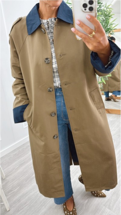 garbardina cuello y puños contraste, verde y camel, muy ligera