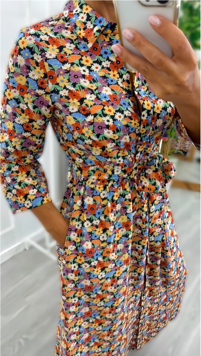 vestido floras con cinturon y bolsillos
