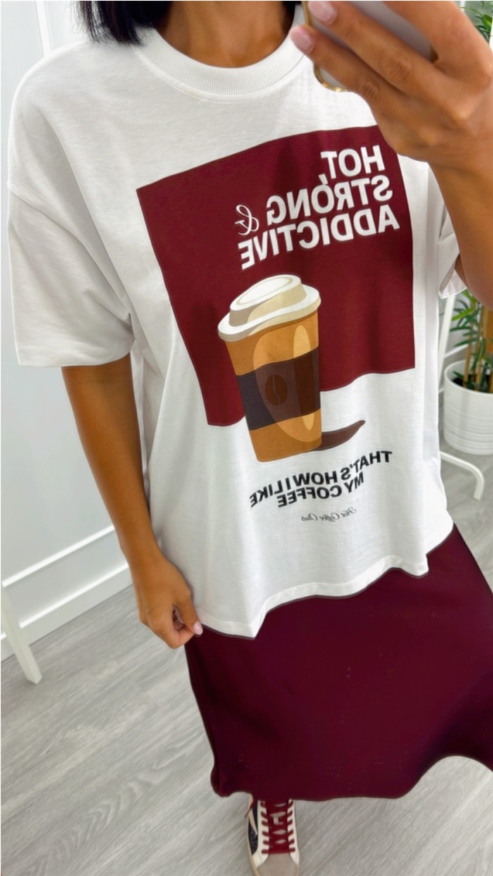 CAMISETA DIBUJO COFFEE, FONDO BLANCO Y BEIGE CHOCO