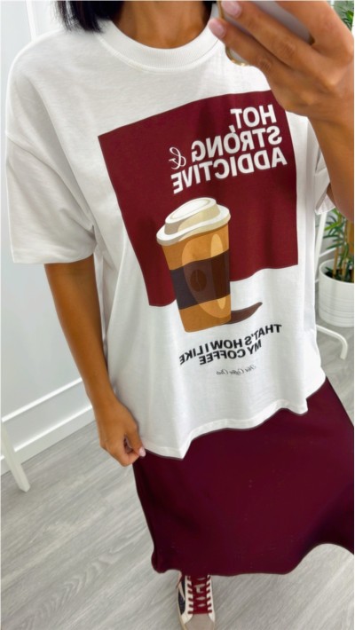 CAMISETA DIBUJO COFFEE, FONDO BLANCO Y BEIGE CHOCO