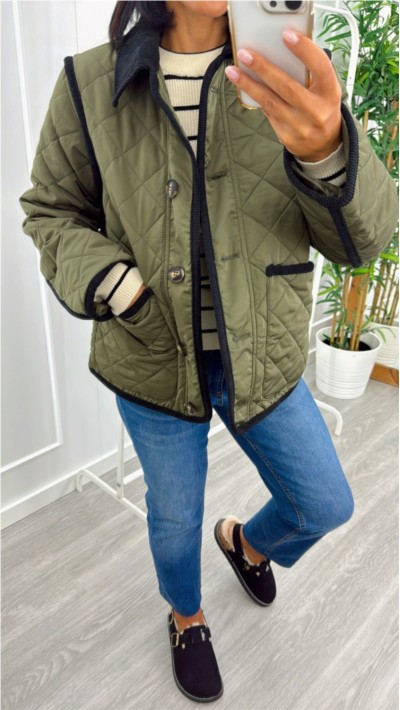 CHAQUETA ACOLCHADA CUELLO Y RIBETES EN PANA CONTRASTE NEGRO 2