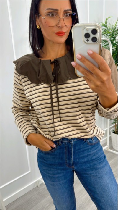 CAMISETA RAYAS CUELLO BEBÉ AZUL MARINO Y MARRÓN 2