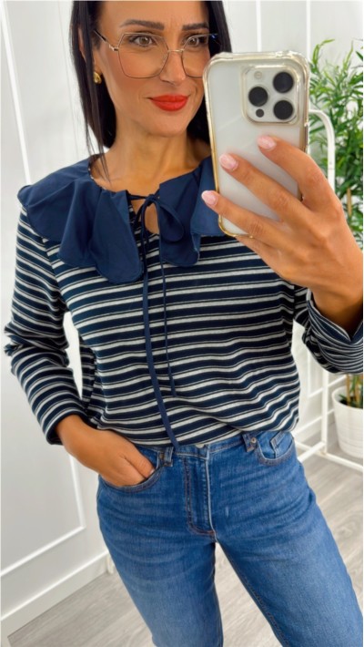 CAMISETA RAYAS CUELLO BEBÉ AZUL MARINO Y MARRÓN