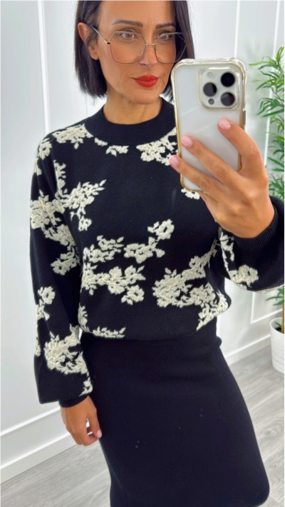 Jersey de punto con flores bordadas en blanco, punto suave cuello redo