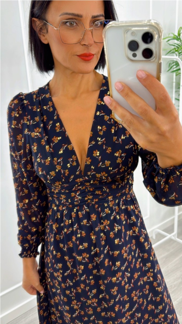 vestido largo azul marino flores gasa