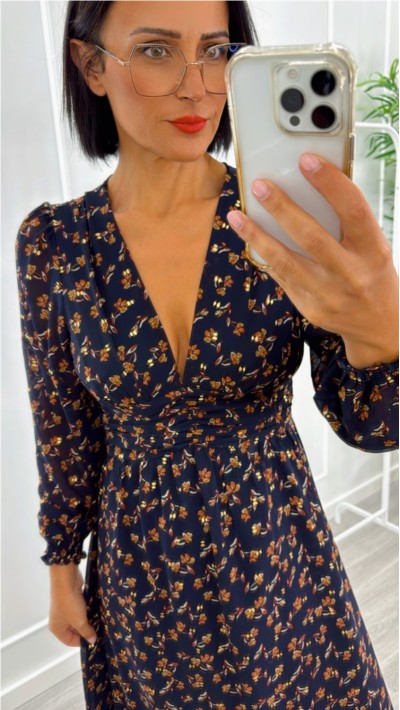 vestido largo azul marino flores gasa