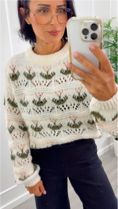 Jersey calado efecto flores , beige y rosa, suave y ligero