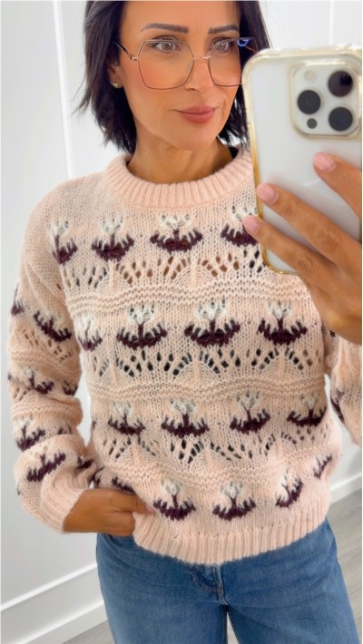 Jersey calado efecto flores , beige y rosa, suave y ligero