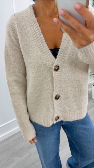 chaqueta escote pico, botones marrones, suave y ligera 2