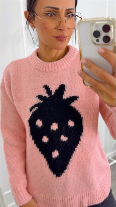 JERSEY ROSA DIBUJO FRESA EN NEGRO, CUELLO REDONDO LARGUITO