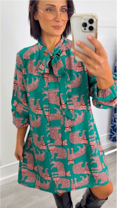 Vestido estampado leopardo cuello lazo