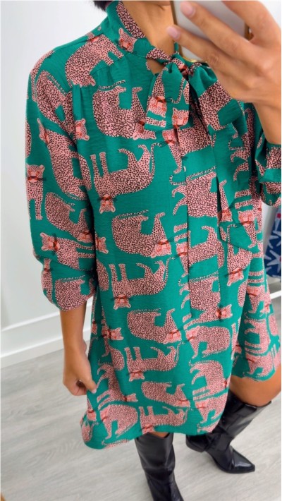 Vestido estampado leopardo cuello lazo