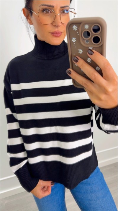 jersey cuello fondo negro rayas en blanco aberturas laterales