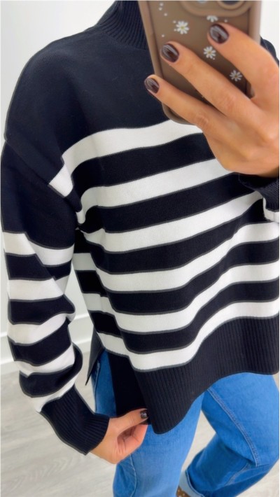 jersey cuello fondo negro rayas en blanco aberturas laterales