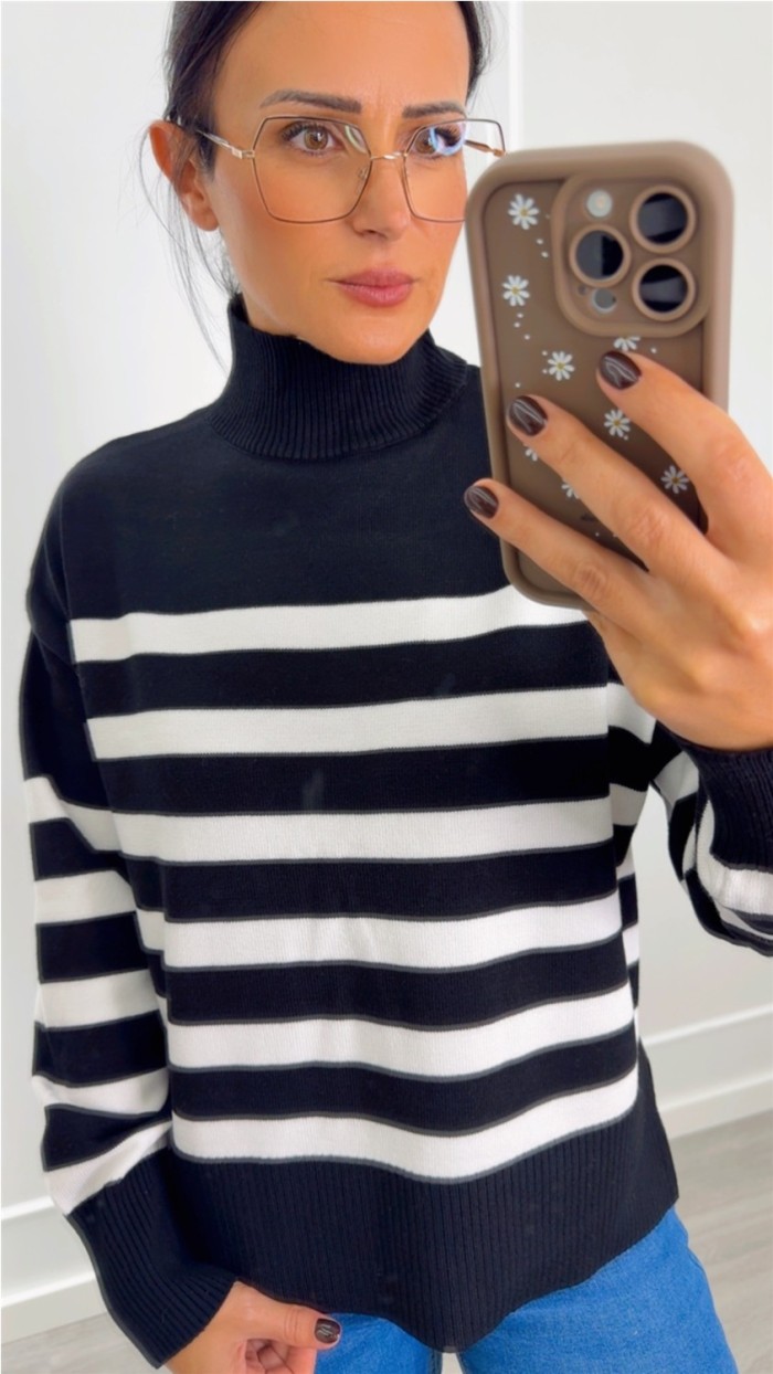 jersey cuello fondo negro rayas en blanco aberturas laterales