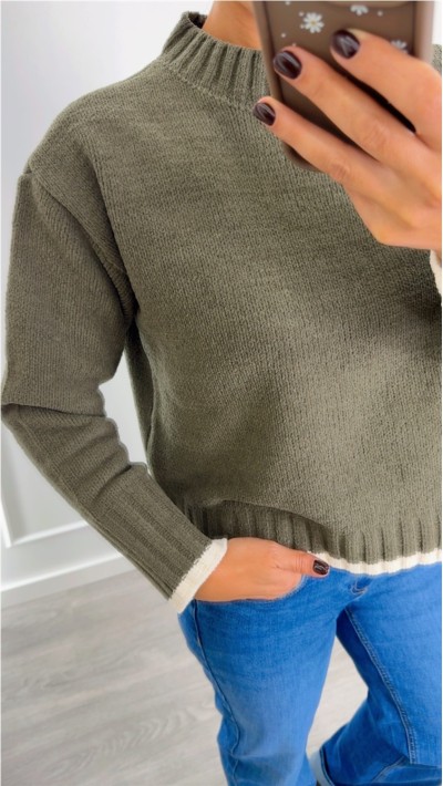 Jersey verde militar cuello redondo tejido chinilla