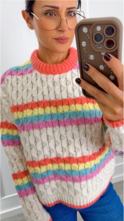 jersey fondo beige rayas multicolor estampado ochos