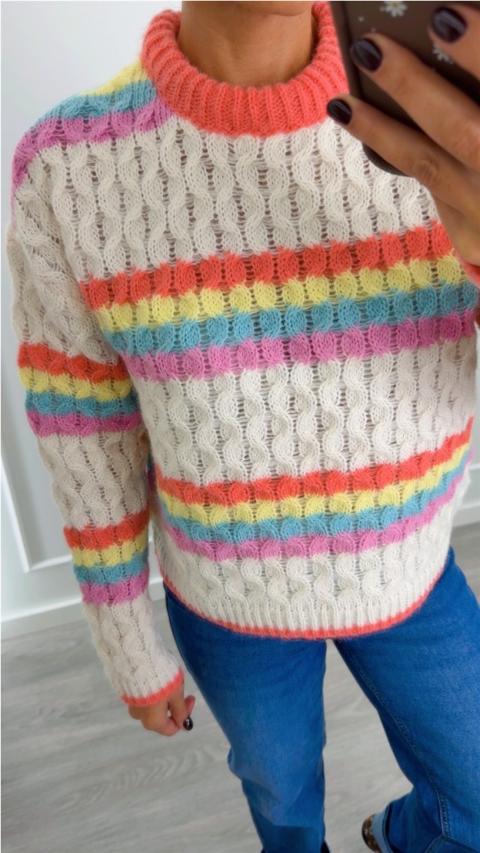 jersey fondo beige rayas multicolor estampado ochos