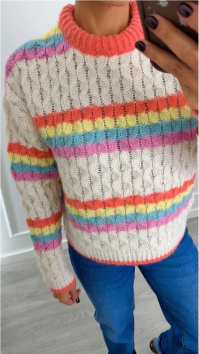 jersey fondo beige rayas multicolor estampado ochos