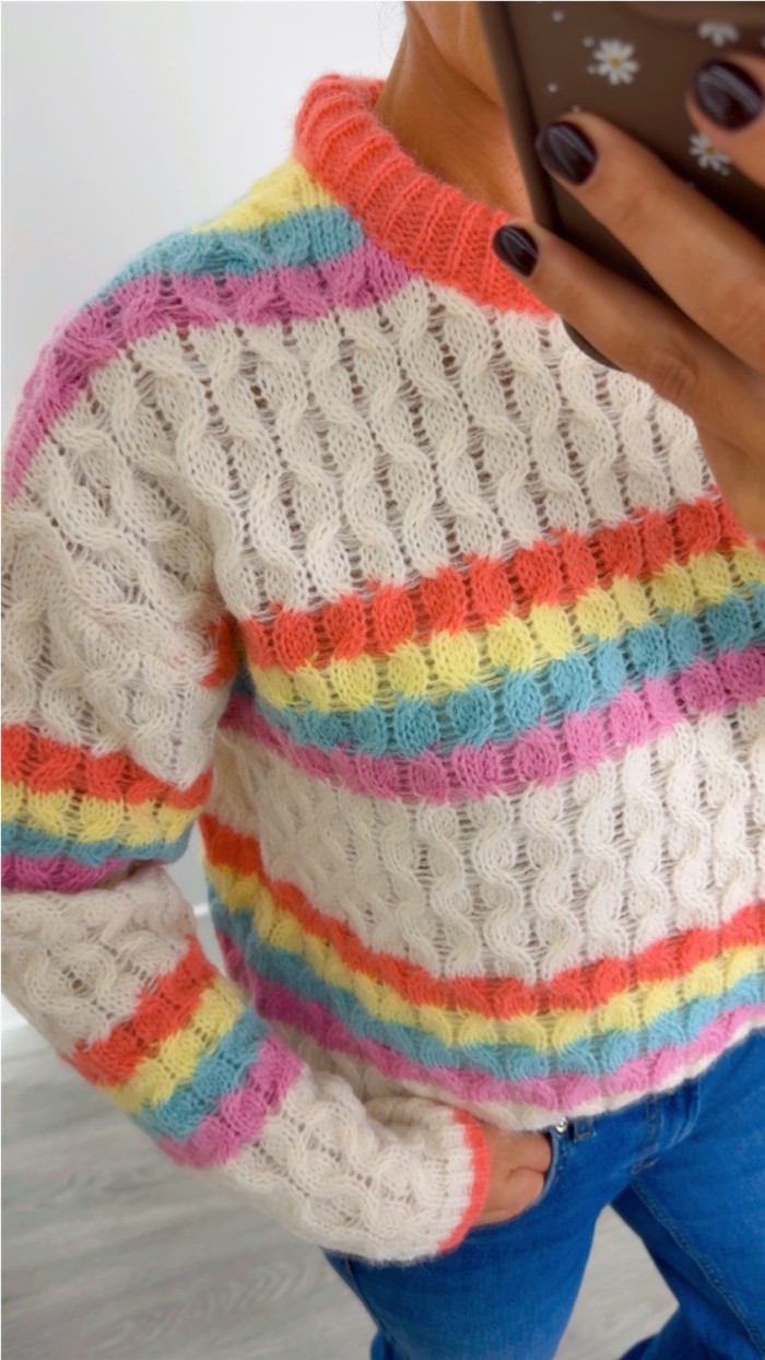 jersey fondo beige rayas multicolor estampado ochos