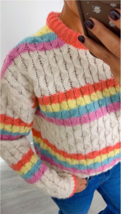 jersey fondo beige rayas multicolor estampado ochos