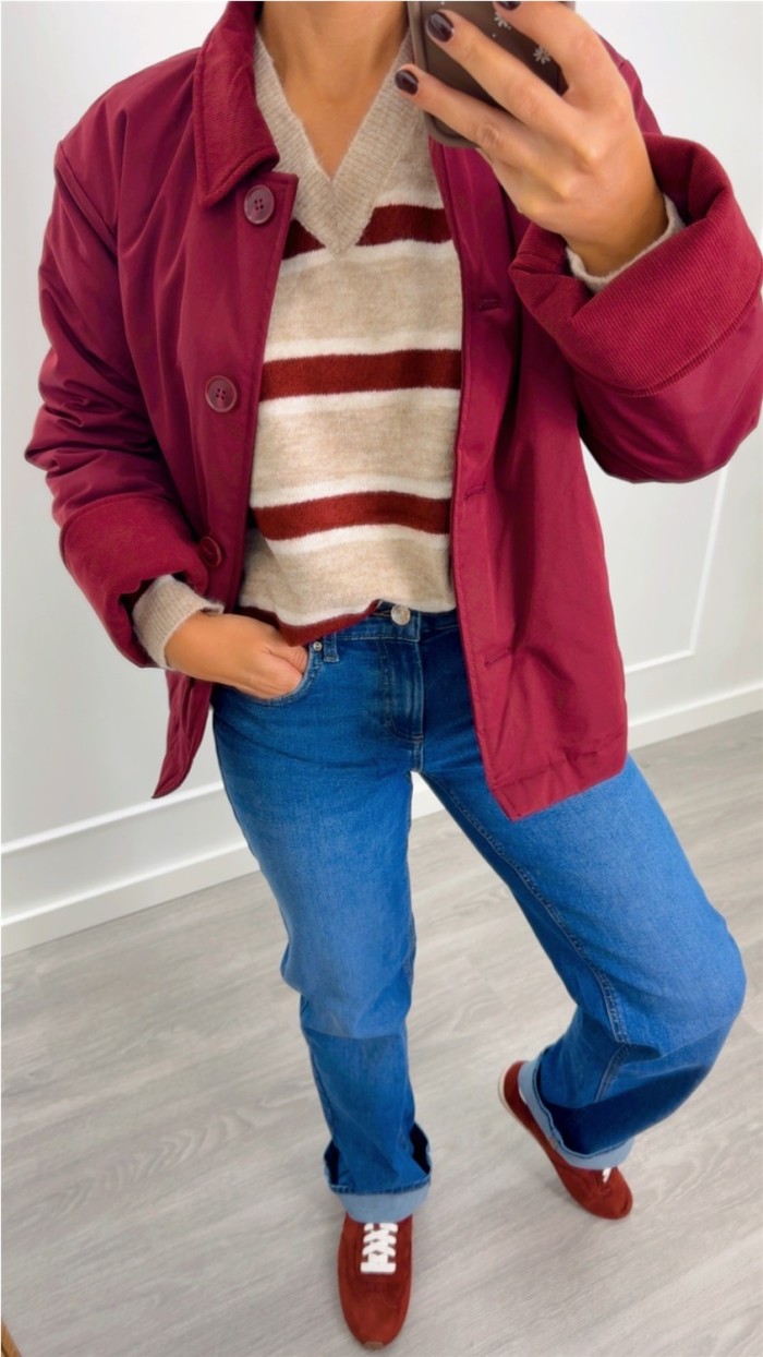 jersey cuello pico oversize rayas y liso color burdeos, beige y rayas