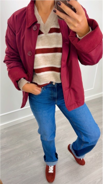 jersey cuello pico oversize rayas y liso color burdeos, beige y rayas