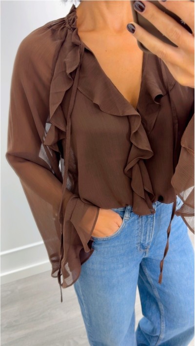 blusa gasa volantes marrón choco