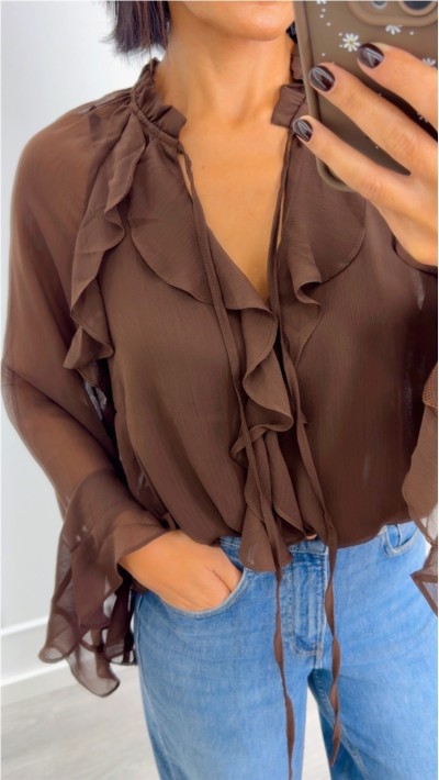 blusa gasa volantes marrón choco