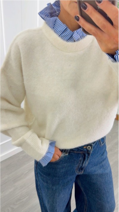 jersey con cuello y puño superpuesto efecto camisa de rayas azul